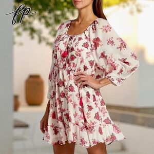 Free People Cream and Pink Floral Camella Mini Dress